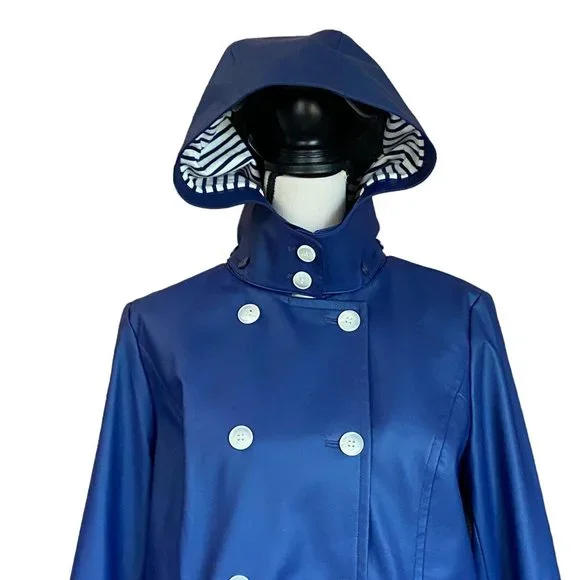 Talbots Womens Size M Rain Jacket Detachable Hood  Navy Lined White Stripe - Picture 2 of 12